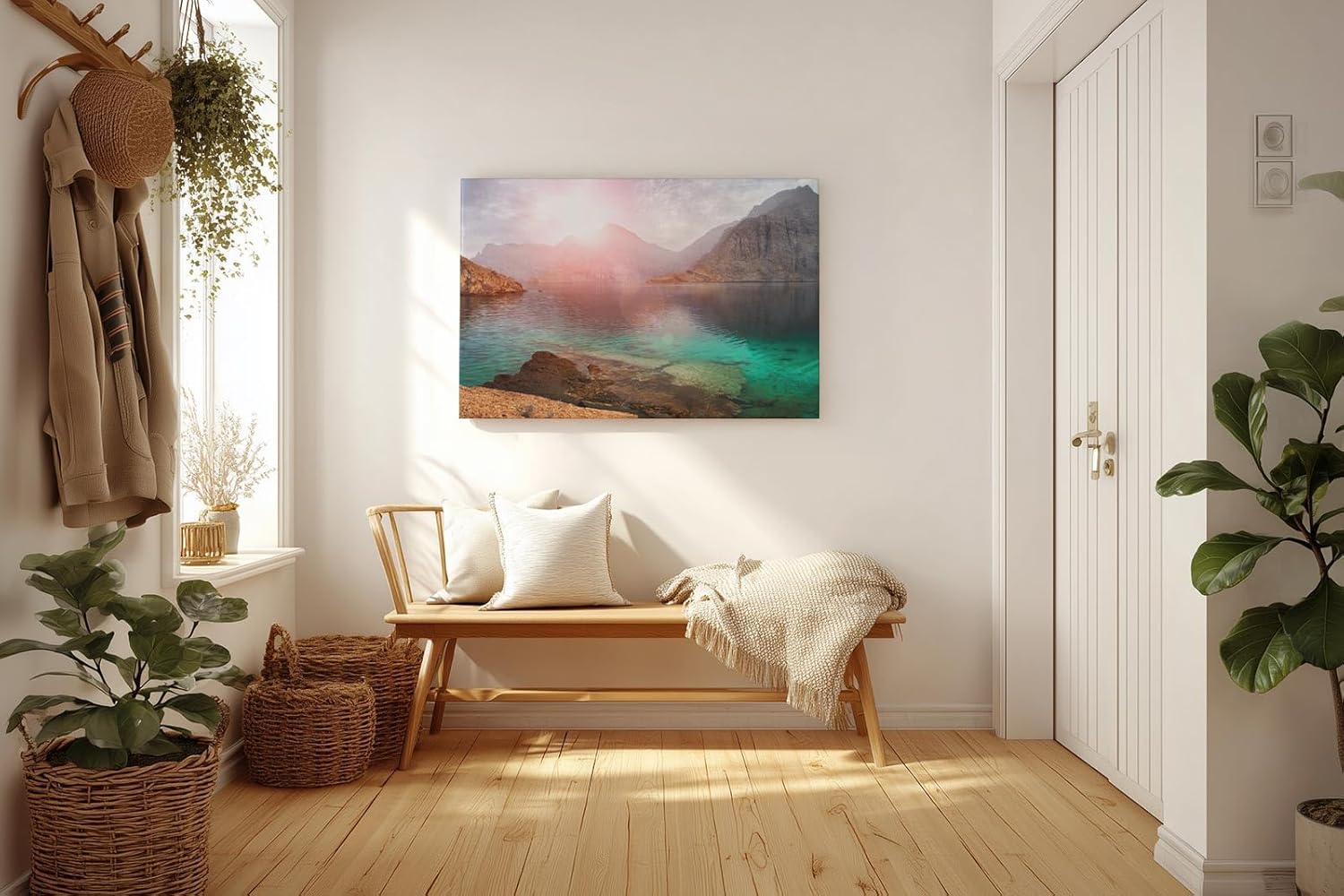 Sinus Art Wandbild 120x80cm Faszinierende Felslandschaft mit türkisfarbenem Wasser und warmem Lichtspiel