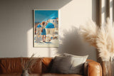 Paul Sinus Wandbild in 40x60cm A Memory in Santorini – Frau in blauem Rock und Strohhut vor weißen Häusern und blauen Kuppeln, sonnige Mittelmeeridylle