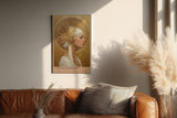 Paul Sinus Wandbild in 40x60cm Divine Femininity elegantes Porträt einer Frau in weiß-goldener Kopfbedeckung vor goldener Strahlenkrone