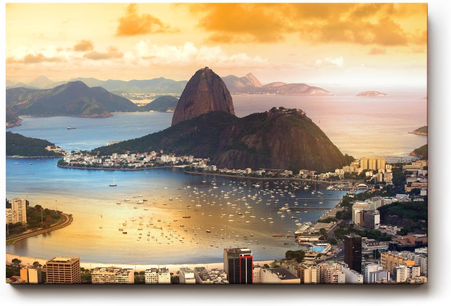 Sinus Art Wandbild 120x80cm Spektakuläre Aussicht auf die Bucht von Rio mit dem Zuckerhut im Licht der Abendsonne