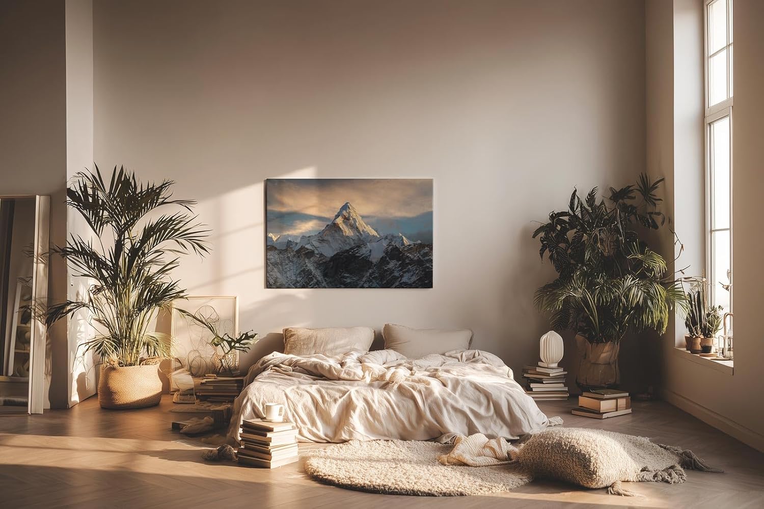 Sinus Art Wandbild 120x80cm Massiver schneebedeckter Berg ragt in dramatisches Lichtspiel – eindrucksvoll und still