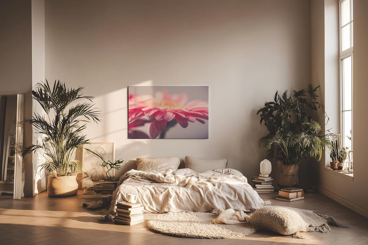 Sinus Art Wandbild 120x80cm Anmutige Nahaufnahme einer rosa Gerbera mit weichen Lichtverläufen