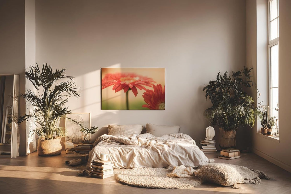 Sinus Art Wandbild 120x80cm Emotionale Nahaufnahme einer roten Gerbera mit schimmernden Tautropfen auf den Blütenblättern