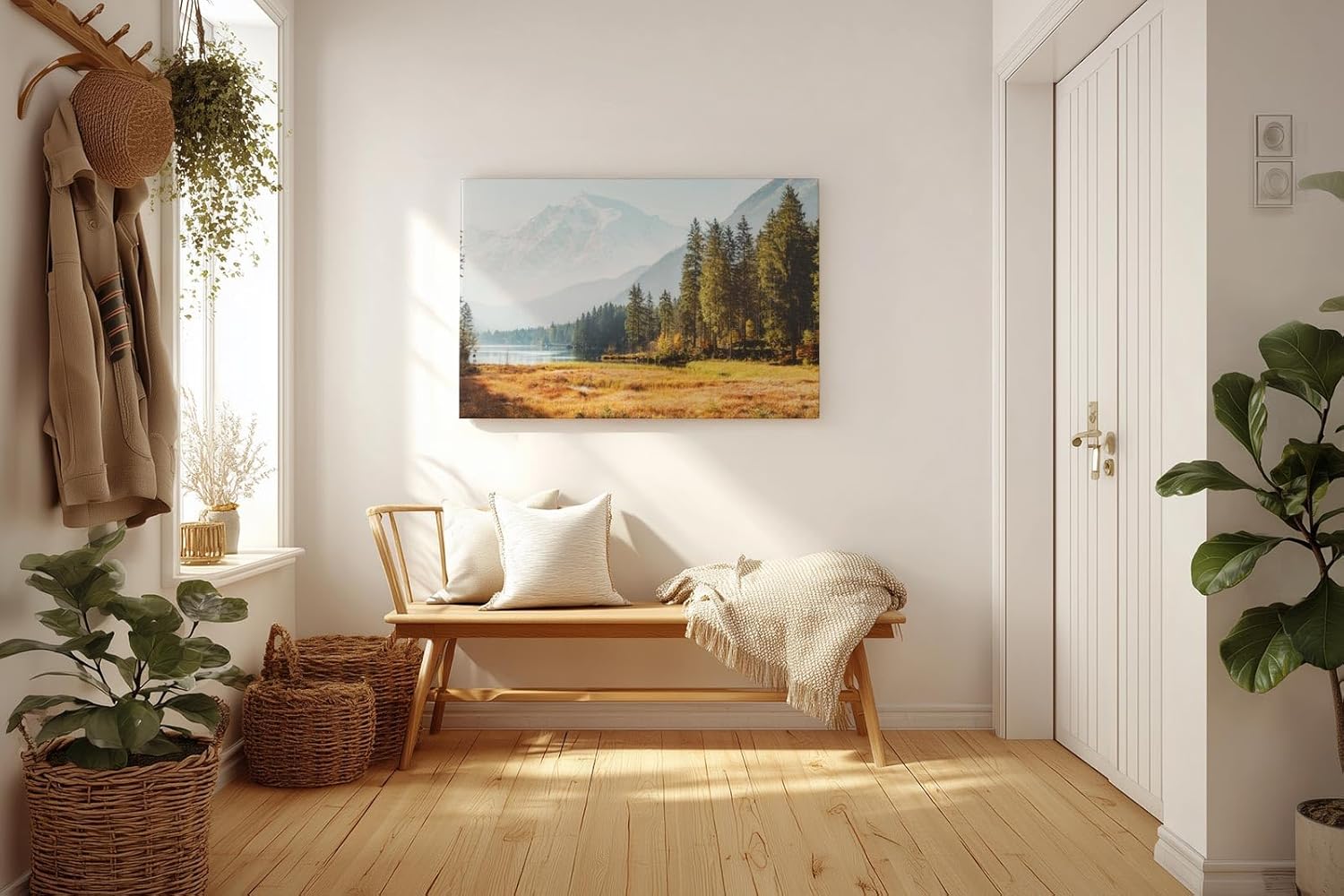 Sinus Art Wandbild 120x80cm Idyllische Szene mit Bergsee, herbstlicher Wiese und Tannenwald für naturverbundene Räume