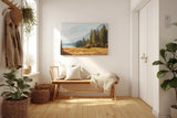 Sinus Art Wandbild 120x80cm Idyllische Szene mit Bergsee, herbstlicher Wiese und Tannenwald für naturverbundene Räume