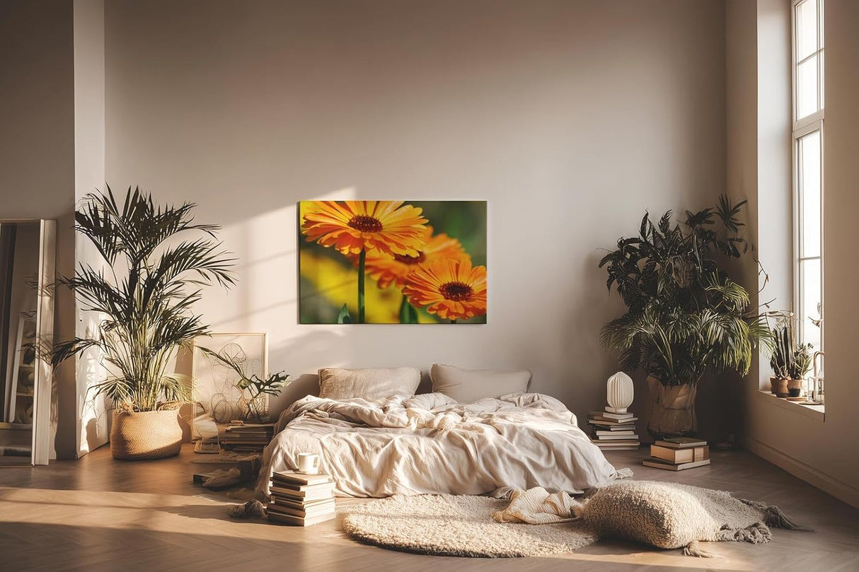 Sinus Art Wandbild 120x80cm Strahlende Ringelblumen in voller Blüte mit lebendiger Bildtiefe und Klarheit