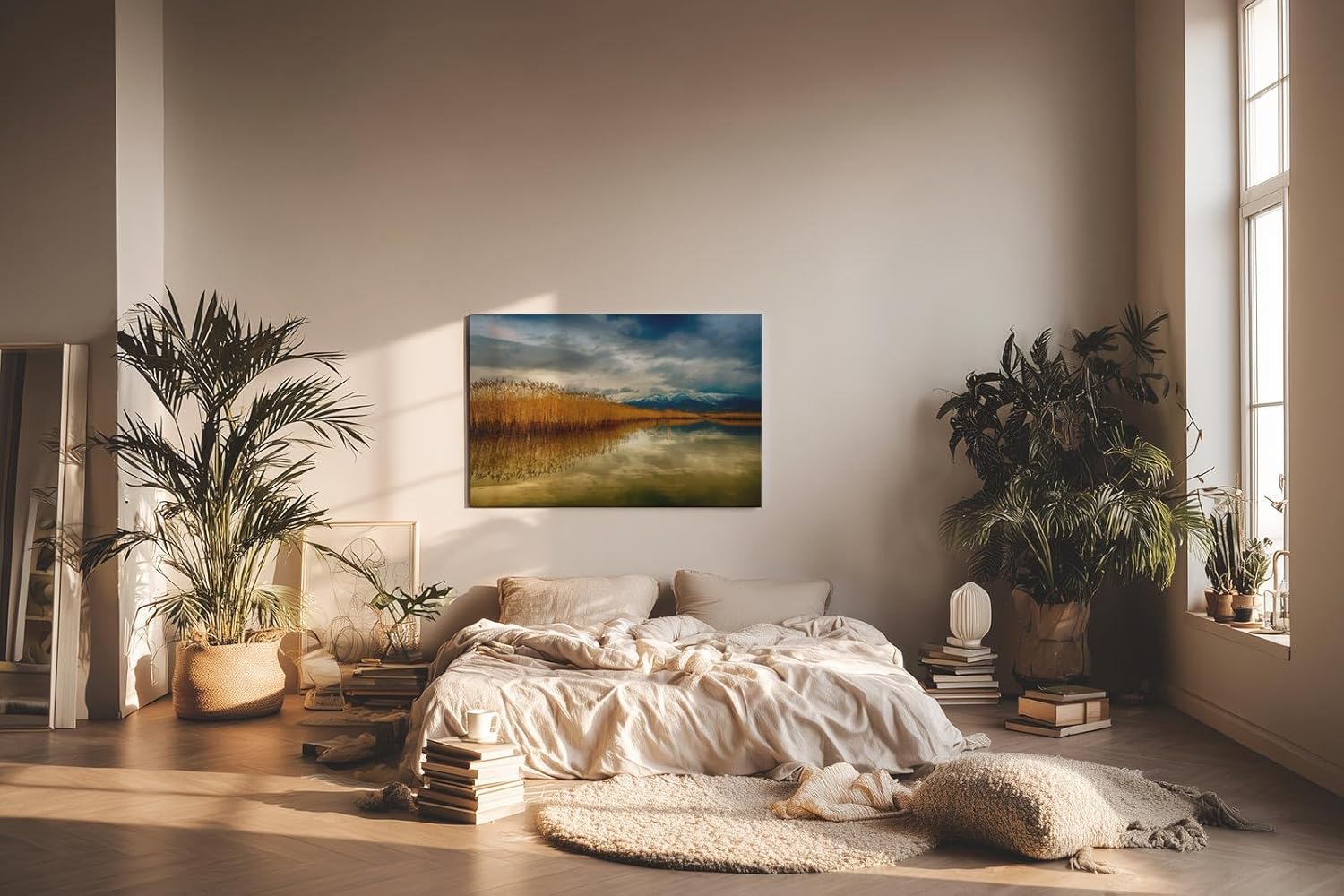 Sinus Art Wandbild 120x80cm Faszinierende Spiegelung von Schilf und Bergen in stillem Wasser – harmonisch und beruhigend