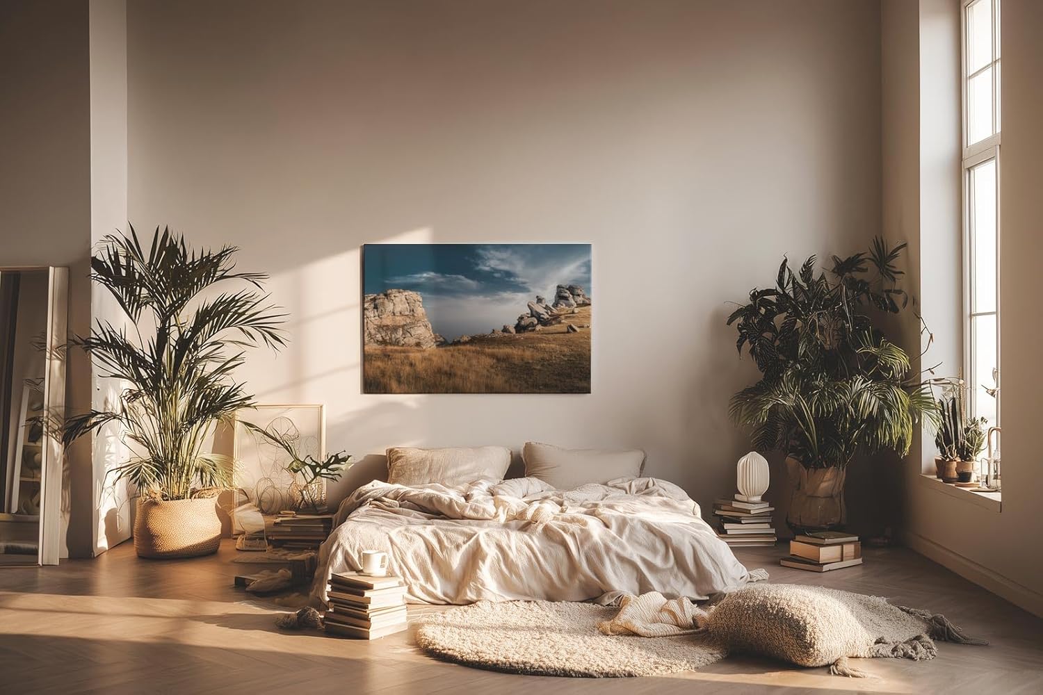 Sinus Art Wandbild 120x80cm Markante Felsformationen unter blauem Himmel in dramatischer Weite
