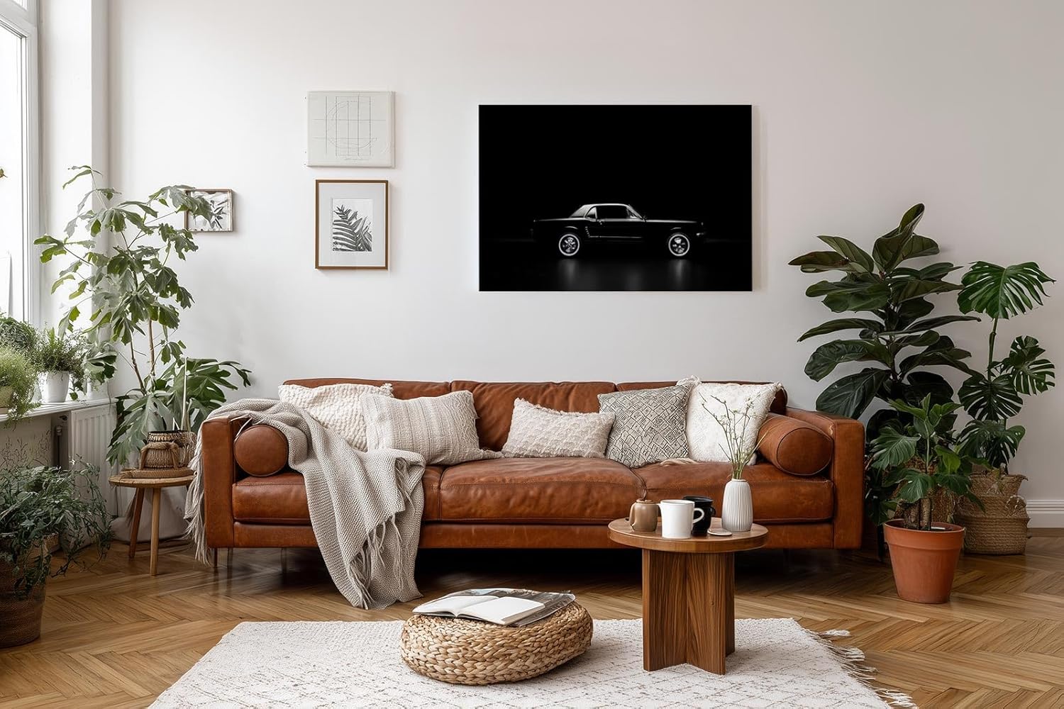 Sinus Art Wandbild 120x80cm Eleganter Oldtimer im minimalistischen Lichtspiel – Symbol für Zeitlosigkeit und Stil