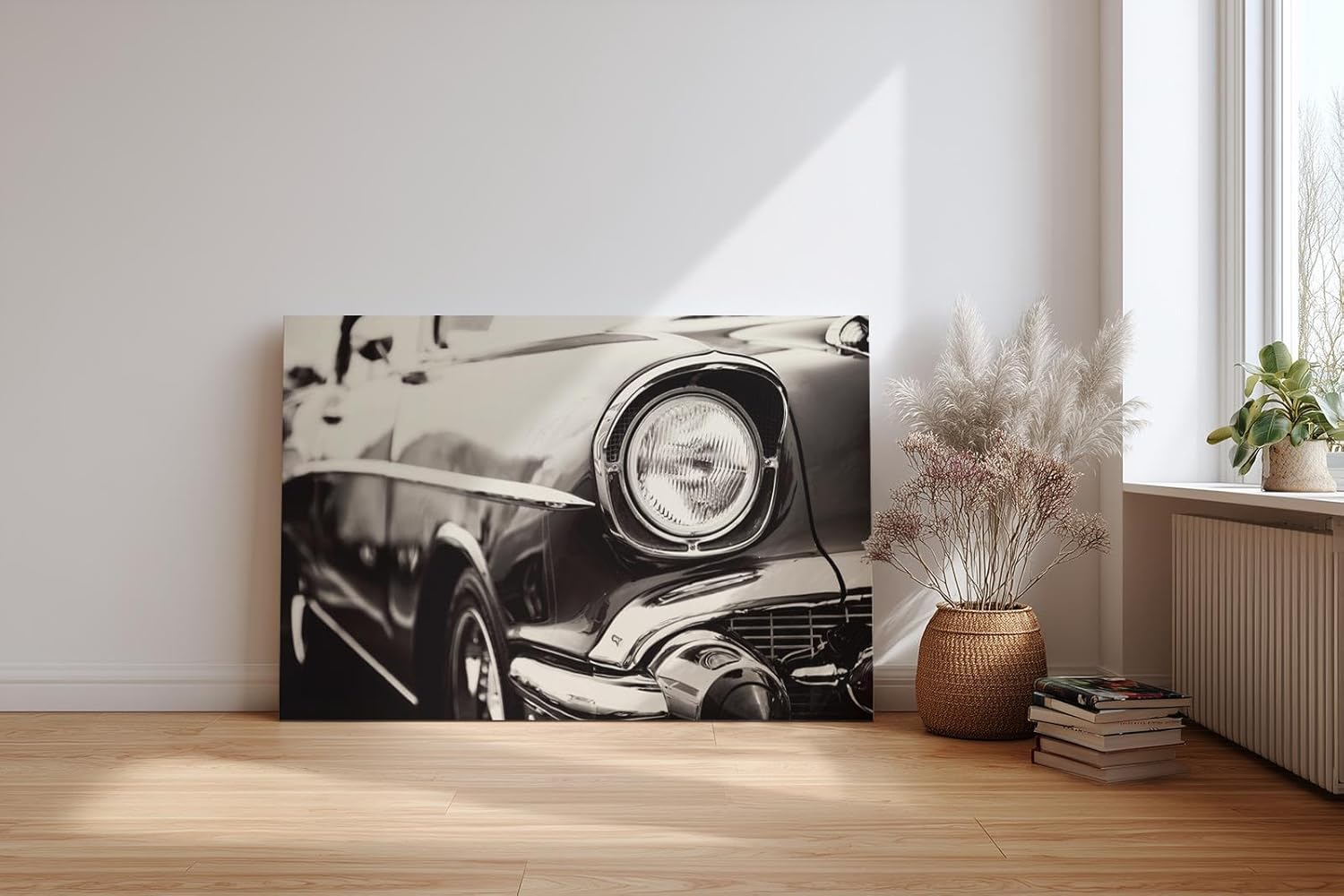 Sinus Art Wandbild 120x80cm Ästhetische Nahaufnahme eines ikonischen Oldtimers mit glänzendem Chrom