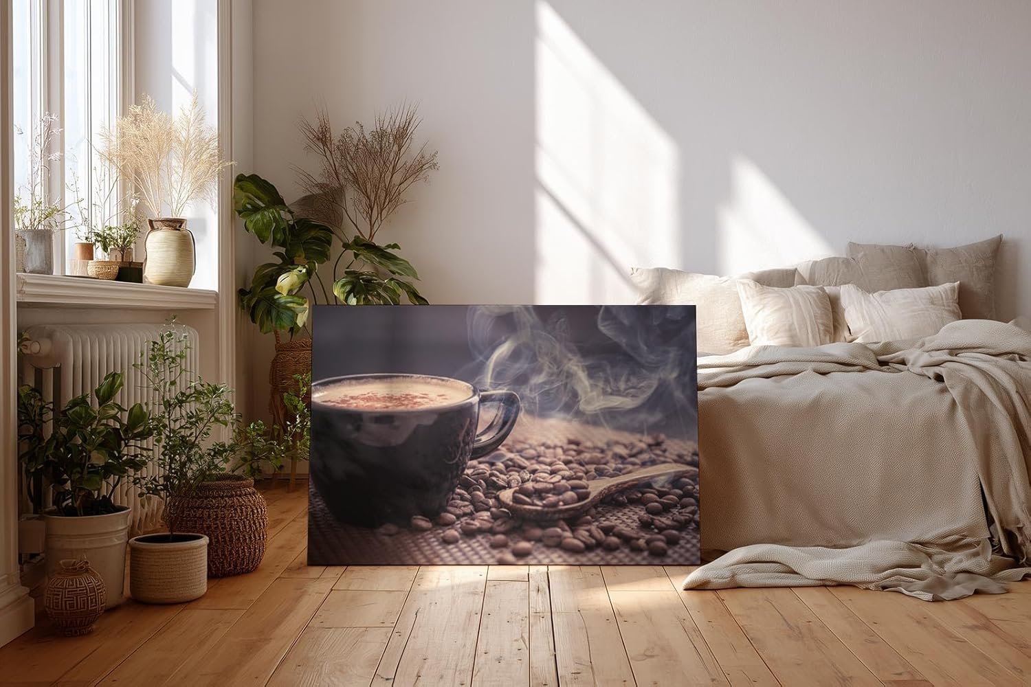 Sinus Art Wandbild 120x80cm Aromatische Darstellung mit dampfender Kaffeetasse und Kaffeebohnen weckt die Sinne und schafft gemütliche Stimmung