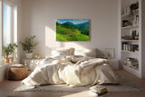 Sinus Art Wandbild 120x80cm Gestufte Reisterrassen in leuchtendem Grün vor Bergkulisse und weitem Himmel