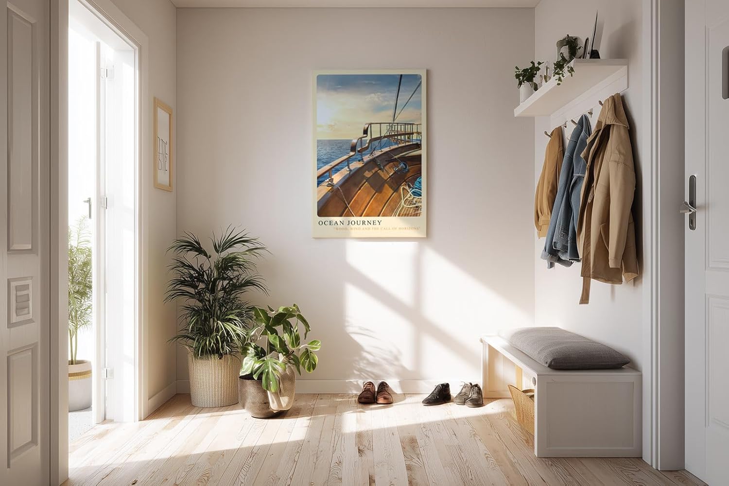Paul Sinus Kunstdruck 40x60cm Ocean Journey mit Holzdeck eines Segelboots und Blick aufs offene Meer