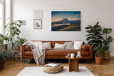 Sinus Art Wandbild 120x80cm Alpenmassiv im goldenen Licht des Sonnenaufgangs über grünen Hügeln
