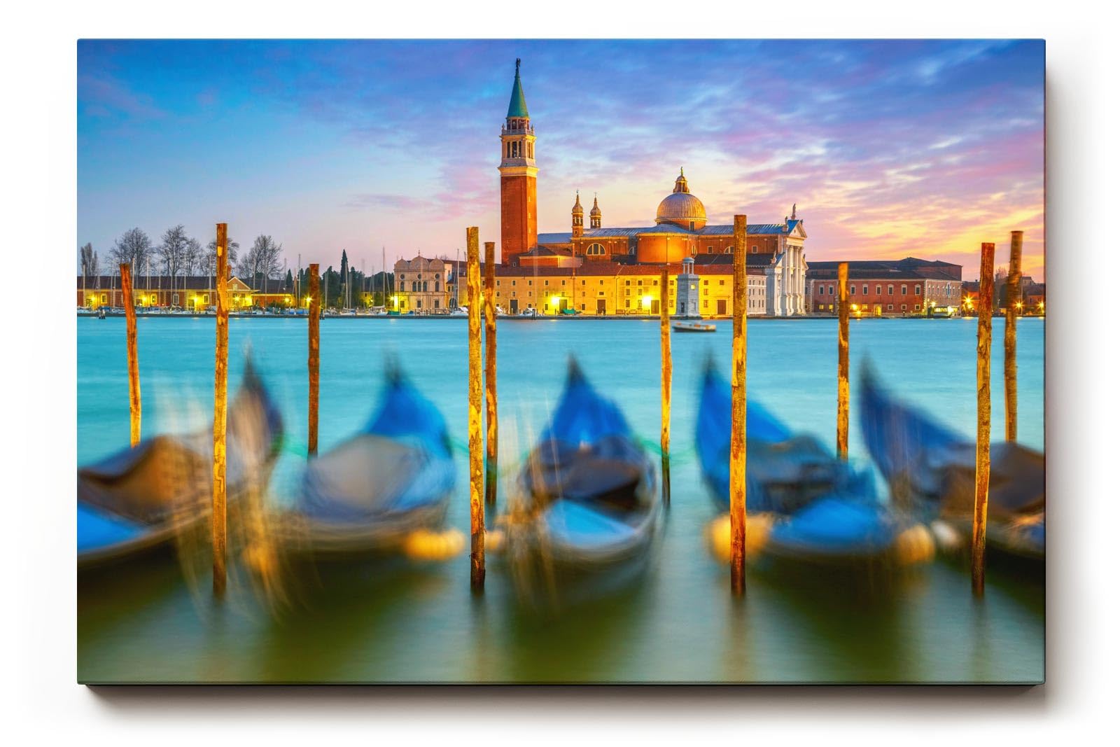 Sinus Art Wandbild 120x80cm Gondeln schaukeln vor San Giorgio Maggiore im warmen Licht der untergehenden Sonne