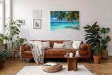 Sinus Art Wandbild 120x80cm Tropischer Strand mit weißen Sand und schattenspendenden Palmen als Urlaubsidyll