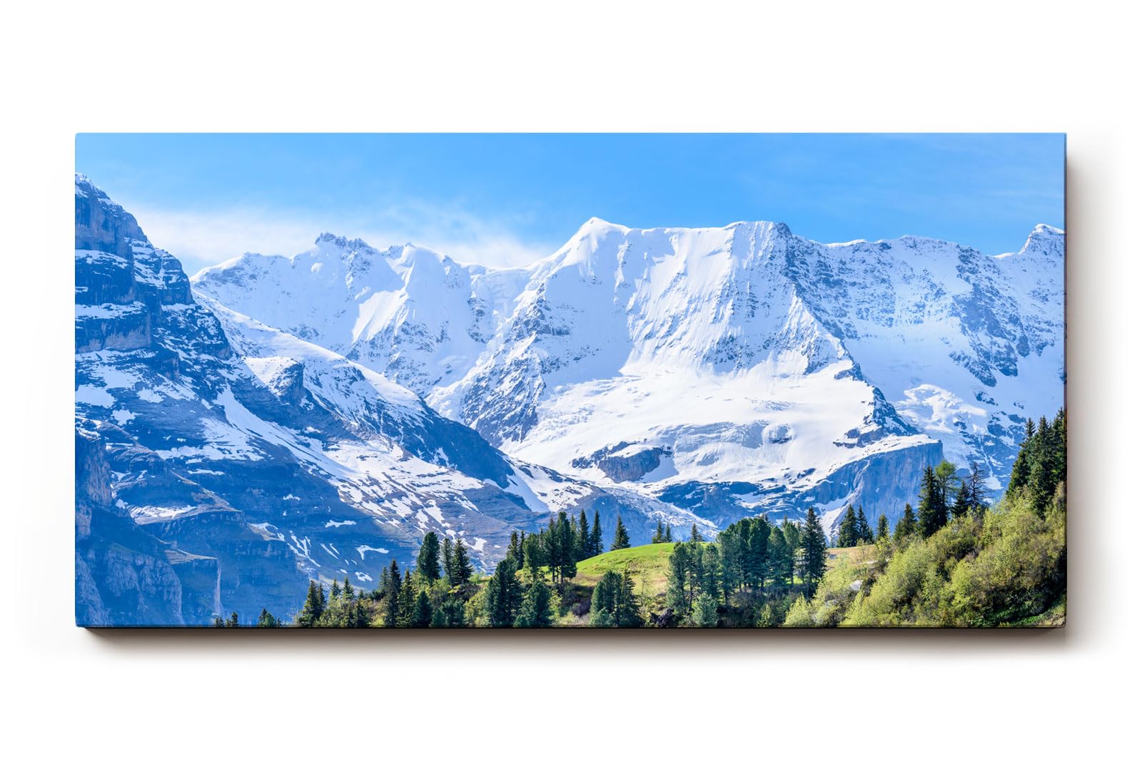 Sinus Art Wandbild 120x80cm Beeindruckendes Panorama mit schneebedeckten Gipfeln und grünen Hängen im Vordergrund