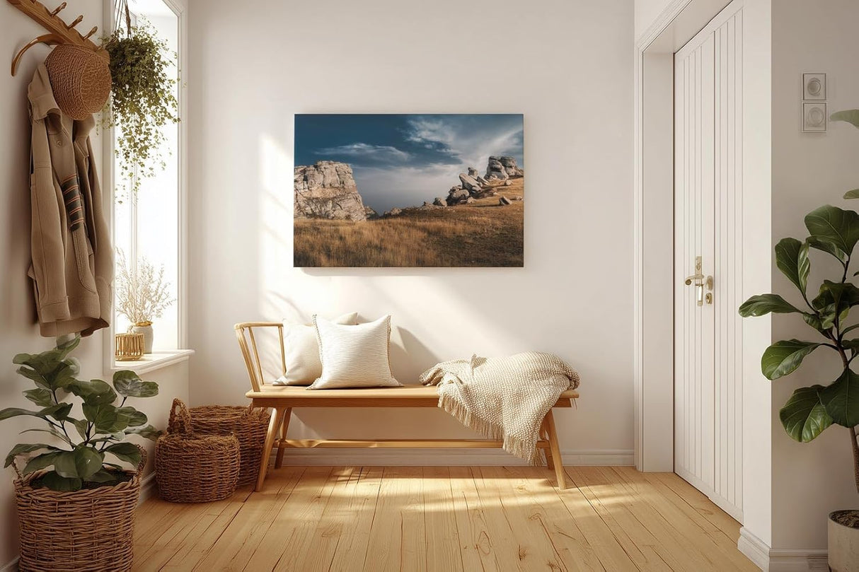 Sinus Art Wandbild 120x80cm Markante Felsformationen unter blauem Himmel in dramatischer Weite