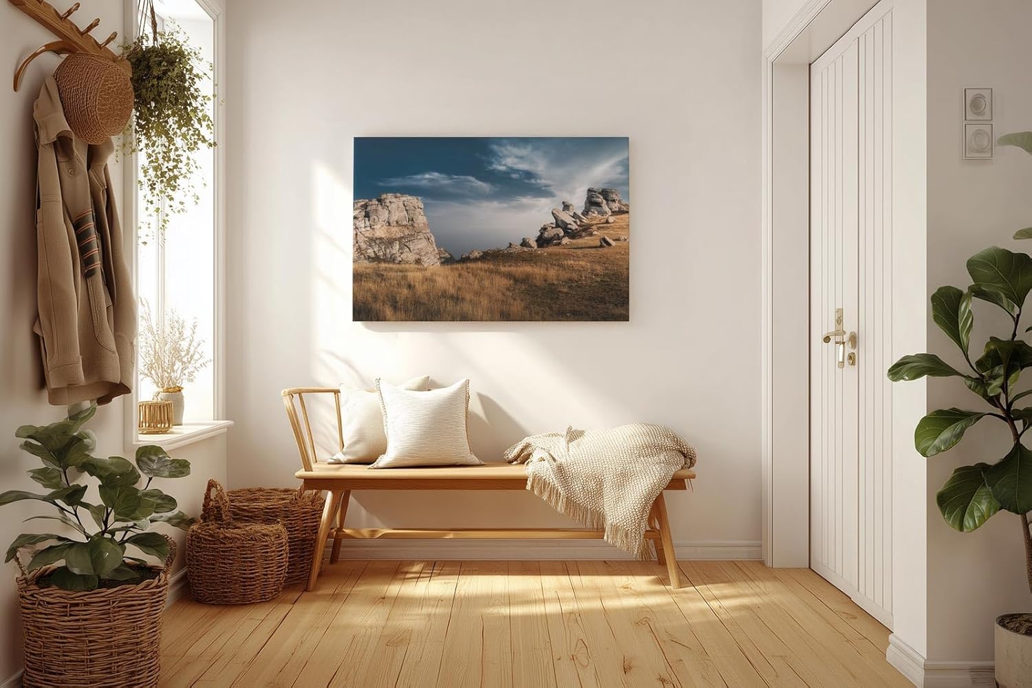 Sinus Art Wandbild 120x80cm Markante Felsformationen unter blauem Himmel in dramatischer Weite