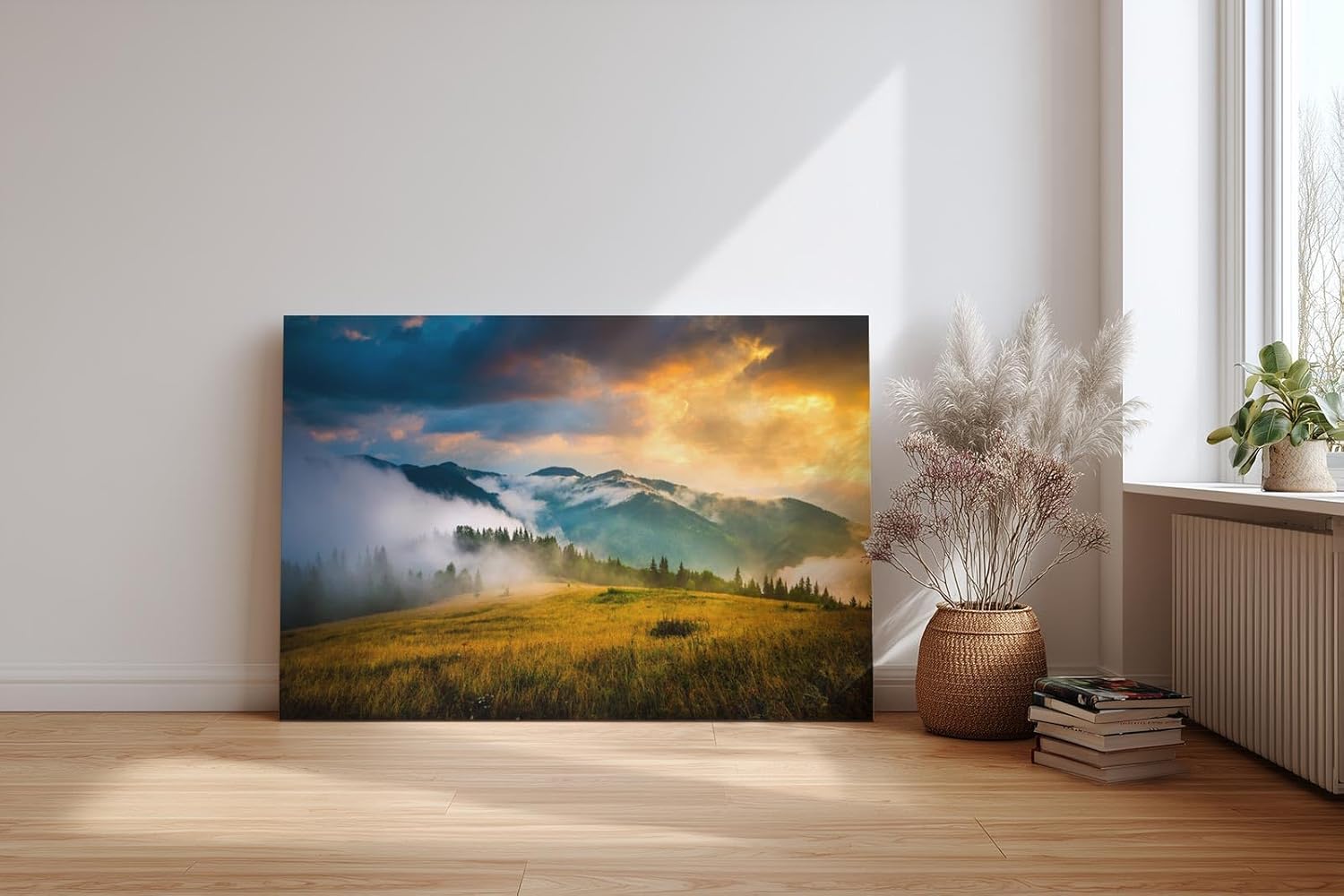 Sinus Art Wandbild 120x80cm Faszinierende Gebirgsszene im Nebel mit dramatischem Sonnenlicht für eindrucksvolle Raumwirkung