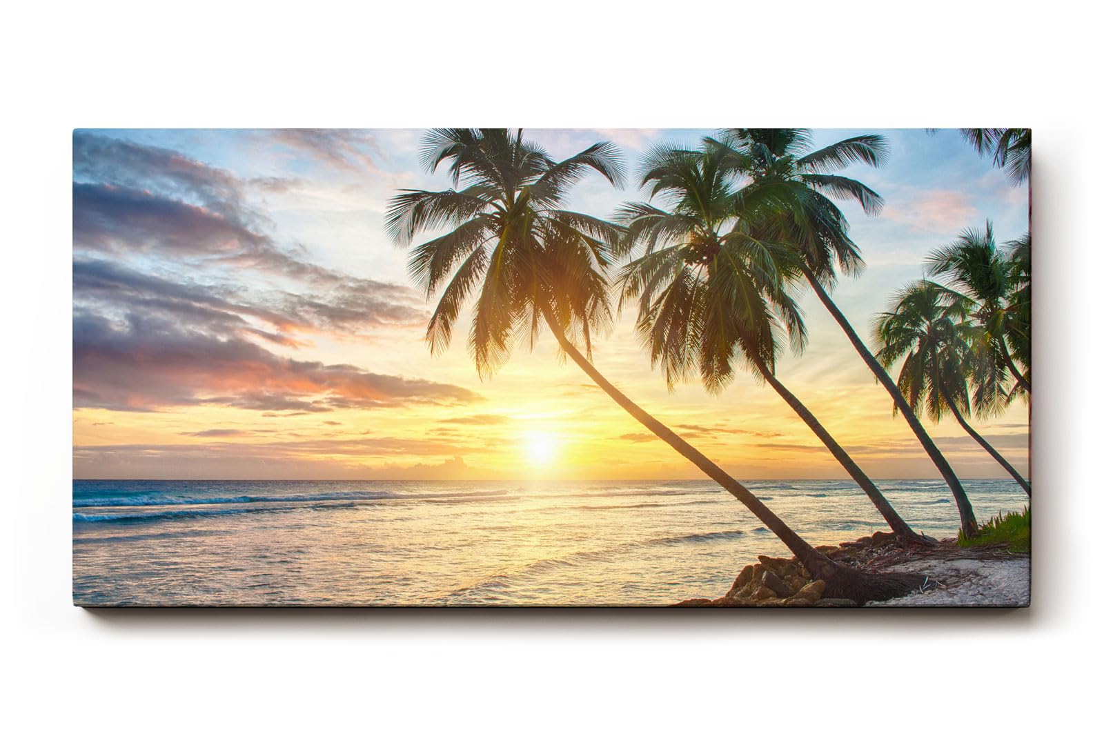 Sinus Art Wandbild 120x80cm Stimmungsvolles Motiv mit Palmen, Sandstrand und Sonnenuntergang – ideal für entspannte Raumgestaltung