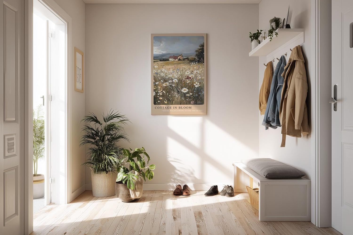Paul Sinus Kunstdruck 40x60cm Cottage in Bloom – Wildblumenwiese mit Landhaus unter weitem Himmel in malerischer Landschaft