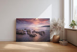 Sinus Art Wandbild 120x80cm Sanfte Wellen, Felsen im Wasser und ein farbintensiver Abendhimmel schaffen Harmonie und Weite