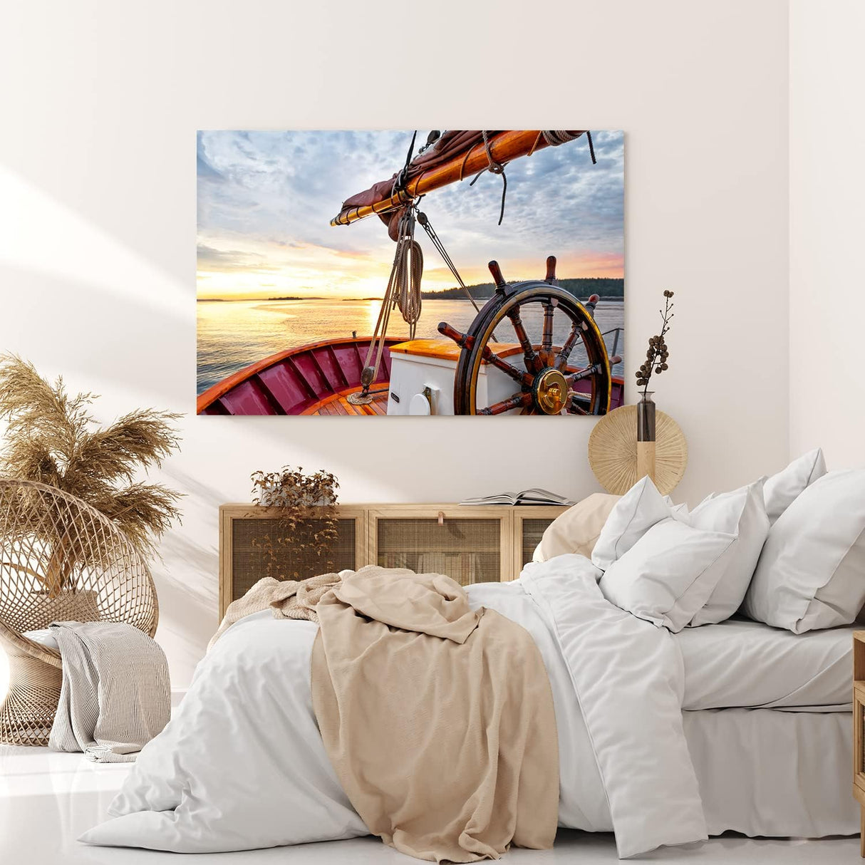 Paul Sinus Wandbild 120x80cm Segelboot Segelschiff Holzsteuerrad Meer Sonnenuntergang