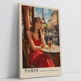 Paul Sinus Leinwandbild 60x90cm Leinwandbild Romantische Pariser Café-Szene – Frau im roten Kleid, impressionistische Stadtansicht, französischer Charme