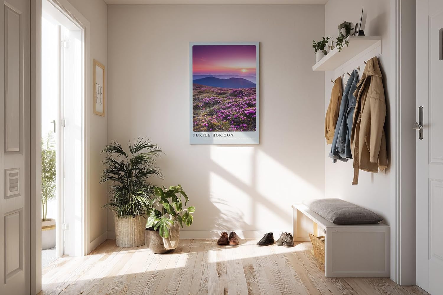 Paul Sinus Kunstdruck 40x60cm Purple Horizon – violette Berglandschaft mit Blumen im Sonnenuntergang
