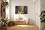 Sinus Art Wandbild 120x80cm Waldweg durch herbstlich gefärbten Wald mit Lichtspiel für gemütliche Raumwirkung