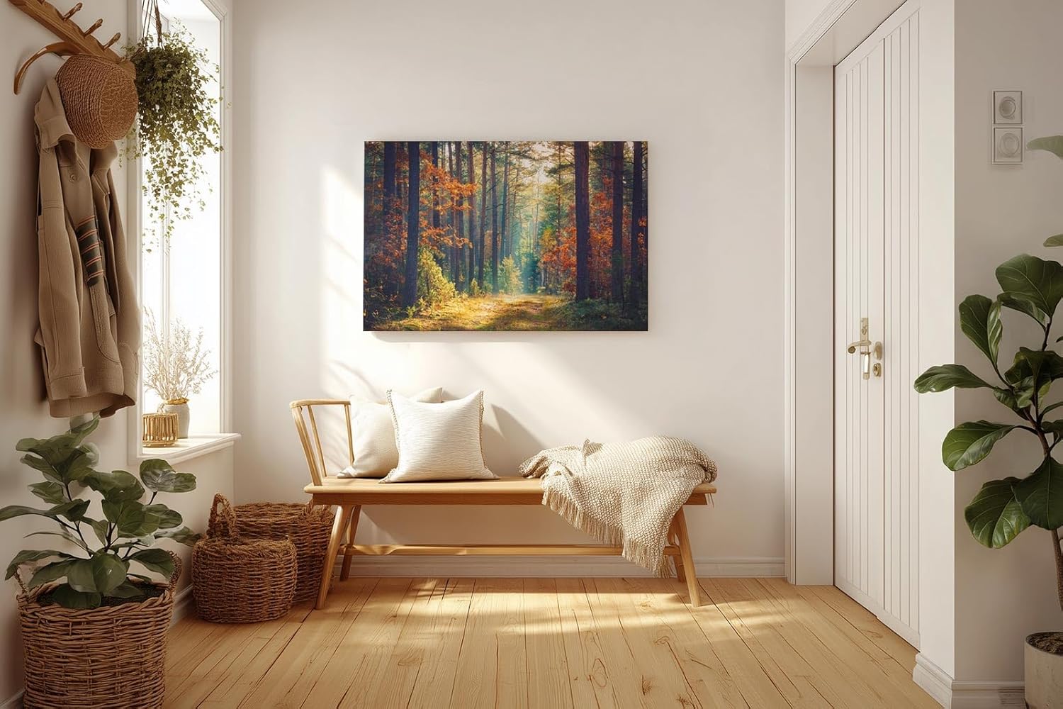Sinus Art Wandbild 120x80cm Waldweg durch herbstlich gefärbten Wald mit Lichtspiel für gemütliche Raumwirkung