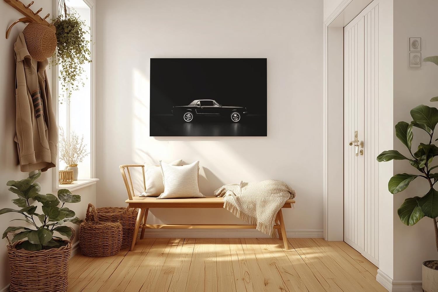 Sinus Art Wandbild 120x80cm Eleganter Oldtimer im minimalistischen Lichtspiel – Symbol für Zeitlosigkeit und Stil