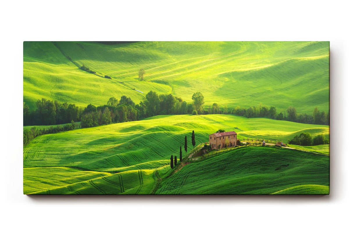 Sinus Art Wandbild 120x80cm Atemberaubende Landschaft der Toskana mit sanften Hügeln und typisch italienischer Architektur