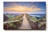Sinus Art Wandbild 120x80cm Panoramaweg mit Geländer auf Höhenzug im goldenen Abendlicht für weite Raumwirkung