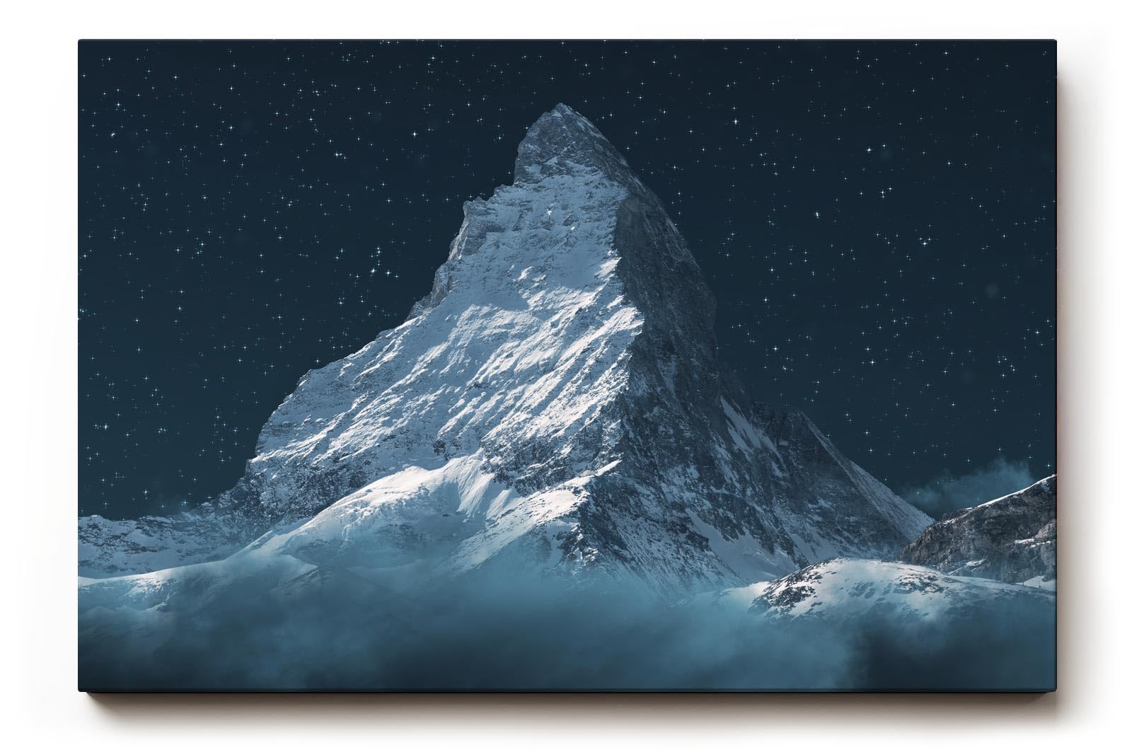 Sinus Art Wandbild 120x80cm Silbrig schimmernder Gipfel des Matterhorns vor dunklem Nachthimmel