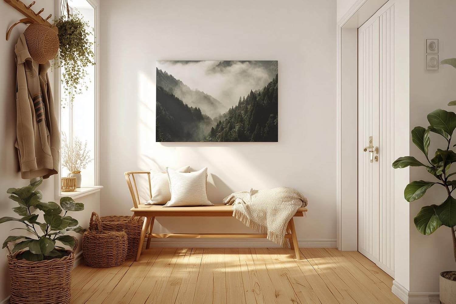 Sinus Art Wandbild 120x80cm Dichter Nadelwald unter ziehendem Nebel – geheimnisvoll, ruhig und atmosphärisch