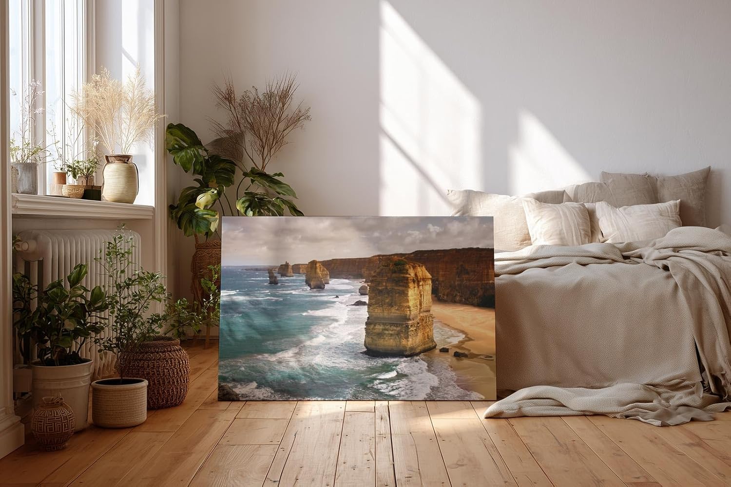 Sinus Art Wandbild 120x80cm Mächtige Sandsteinfelsen umgeben vom Ozean – imposant, dynamisch und zeitlos