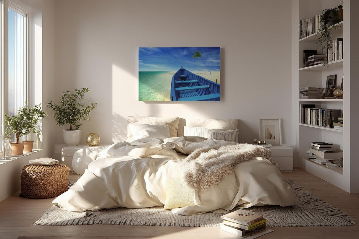 Sinus Art Wandbild 120x80cm Das Boot in der Bildmitte lenkt den Blick hinaus aufs offene Meer und vermittelt Fernweh