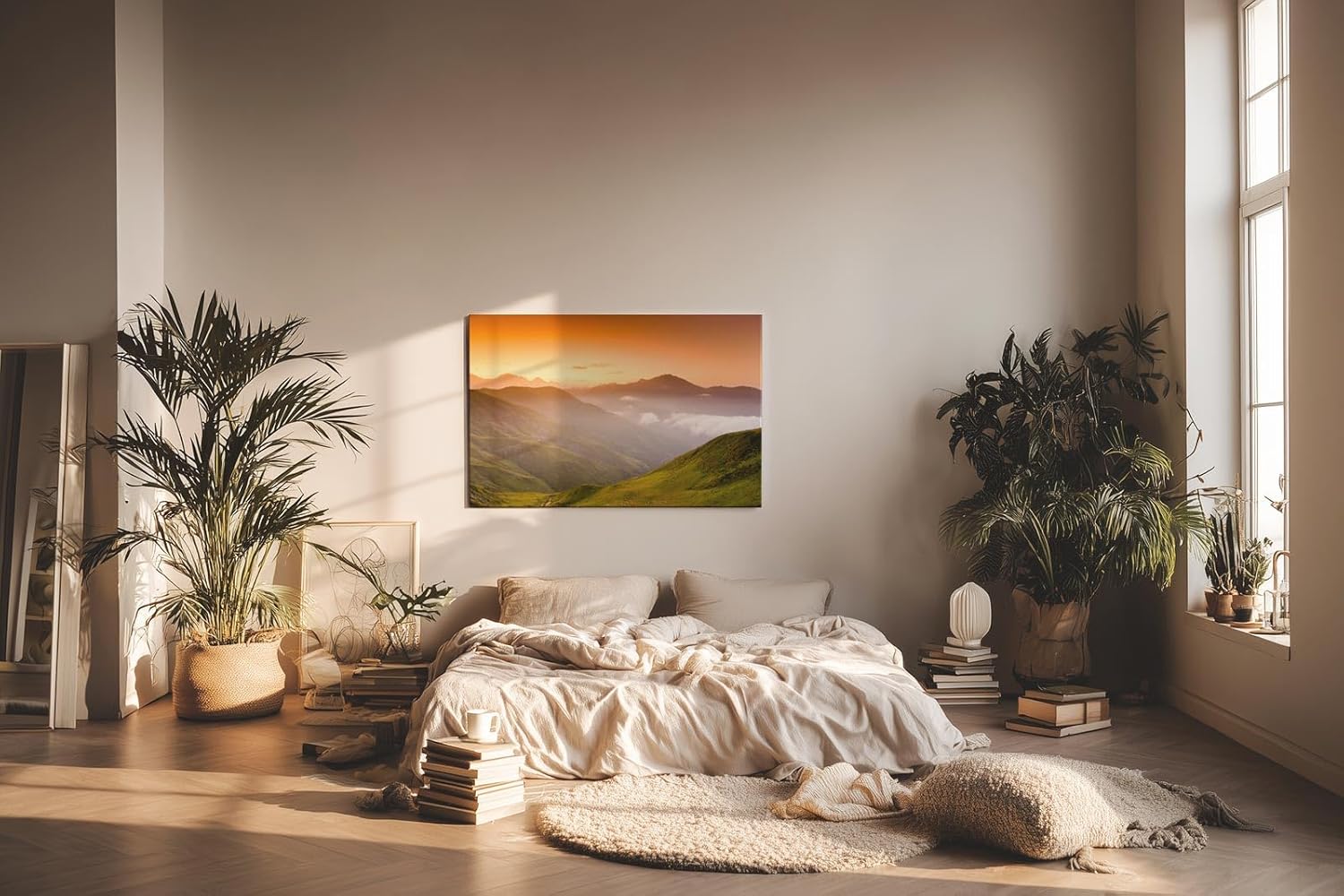 Sinus Art Wandbild 120x80cm Sanfte Hügellandschaft mit Lichtstimmung und Weitblick auf Bergketten