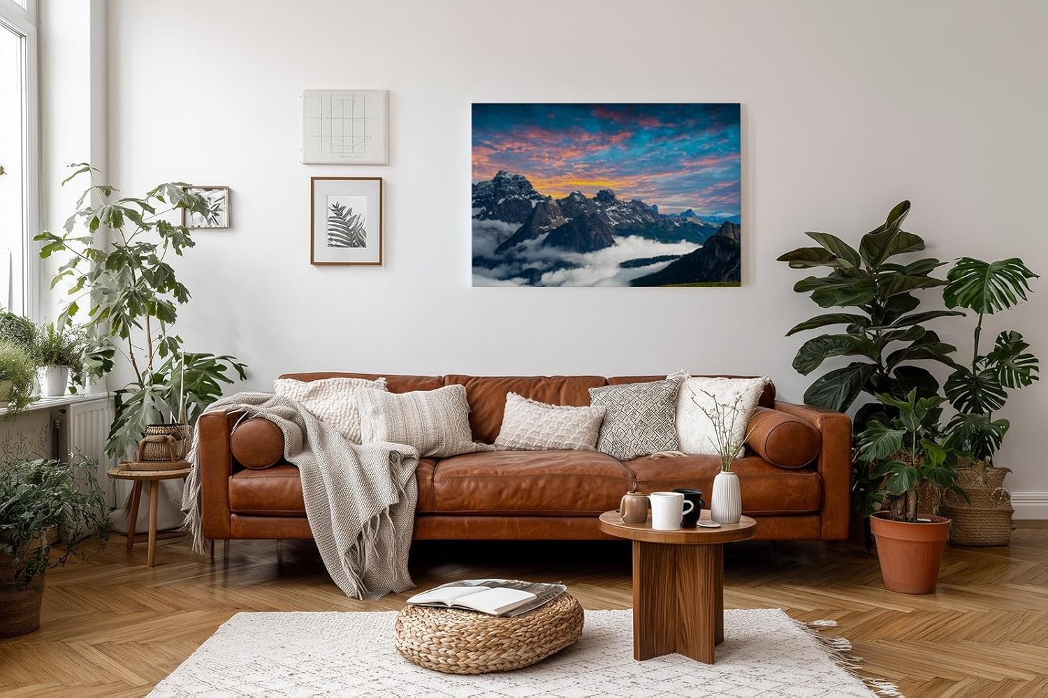 Sinus Art Wandbild 120x80cm Imposantes Alpenmotiv mit schroffen Gipfeln und Wolkenmeer für starke Raumwirkung