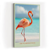 Paul Sinus Wandbild in 40x60cm The Flamingo Walk Eleganter Flamingo am Strand mit türkisfarbenem Meer im Hintergrund für stilvolle Raumgestaltung