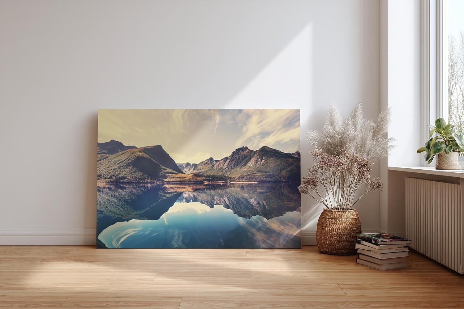 Sinus Art Wandbild 120x80cm Berge und Himmel spiegeln sich perfekt in einem ruhigen klaren See vor beeindruckender Kulisse
