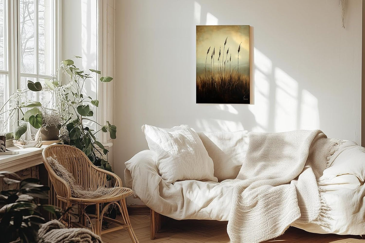 Paul Sinus 60x90cm Wandbild Gräser im Abendlicht – Naturstille in warmem Licht mit floraler Blume