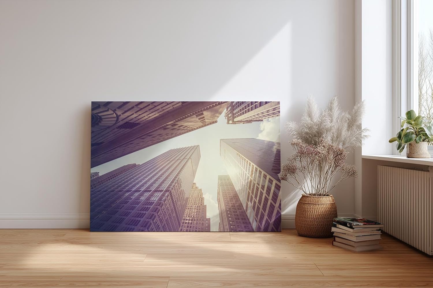 Sinus Art Wandbild 120x80cm Gigantische Hochhäuser treffen auf strahlenden Himmel im vertikalen Blickwinkel
