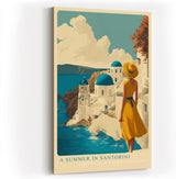 Paul Sinus Wandbild in 40x60cm A Summer in Santorini – Frau im gelben Kleid vor weiß-blauen Kuppeln und Meerblick, mediterranes Urlaubsflair