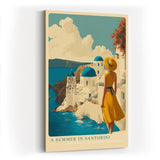 Paul Sinus Wandbild in 40x60cm A Summer in Santorini – Frau im gelben Kleid vor weiß-blauen Kuppeln und Meerblick, mediterranes Urlaubsflair