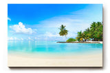 Sinus Art Wandbild 120x80cm Tropische Insel mit Palmen und weißem Sandstrand für entspannende Raumwirkung
