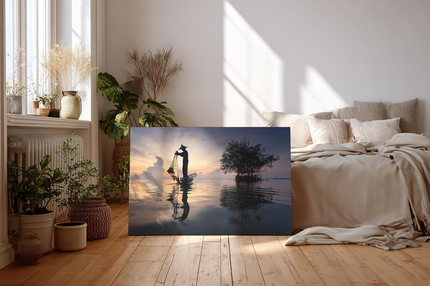 Sinus Art Wandbild 120x80cm Fischer mit Netz in traditioneller Kleidung – Symbol für Handwerk und Stille