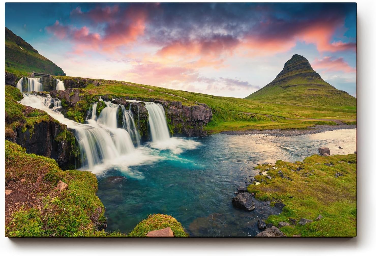 Sinus Art Wandbild 120x80cm Spektakuläres Zusammenspiel von Wasserfall, Berg und Himmel in Island